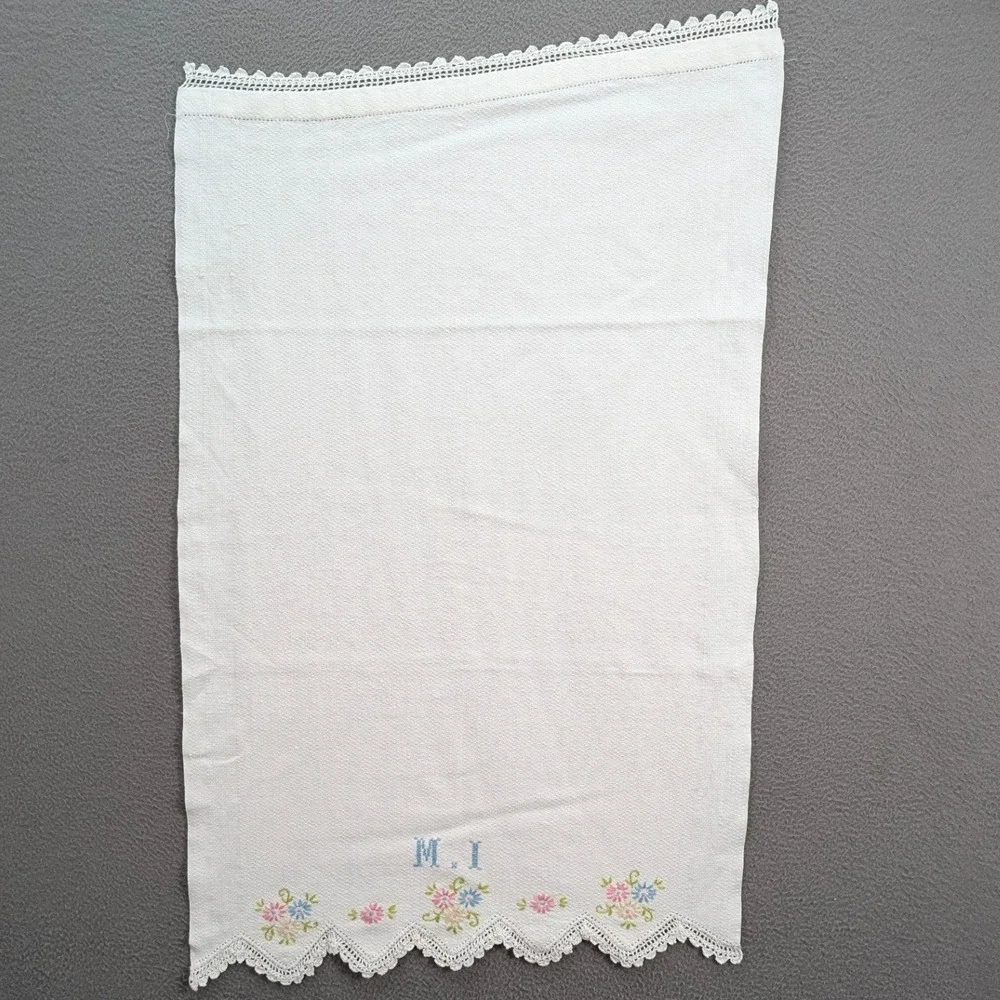 Vintage Lof of‎ 6 Embroidered Hand Towel Linen Floral Lace Trim Kitchen Boho